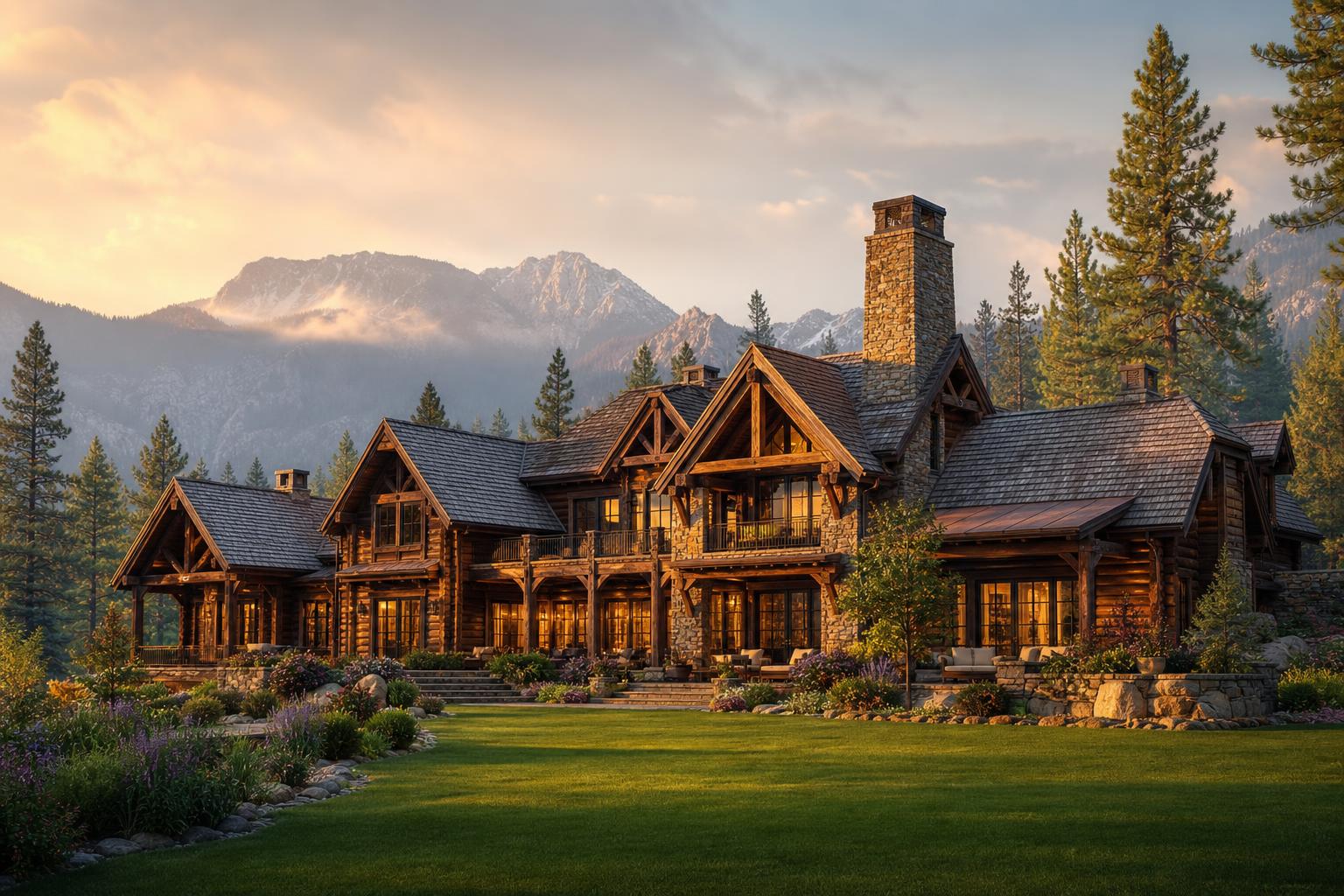 A timber-framed luxury log home in a misty Ontario pine forest