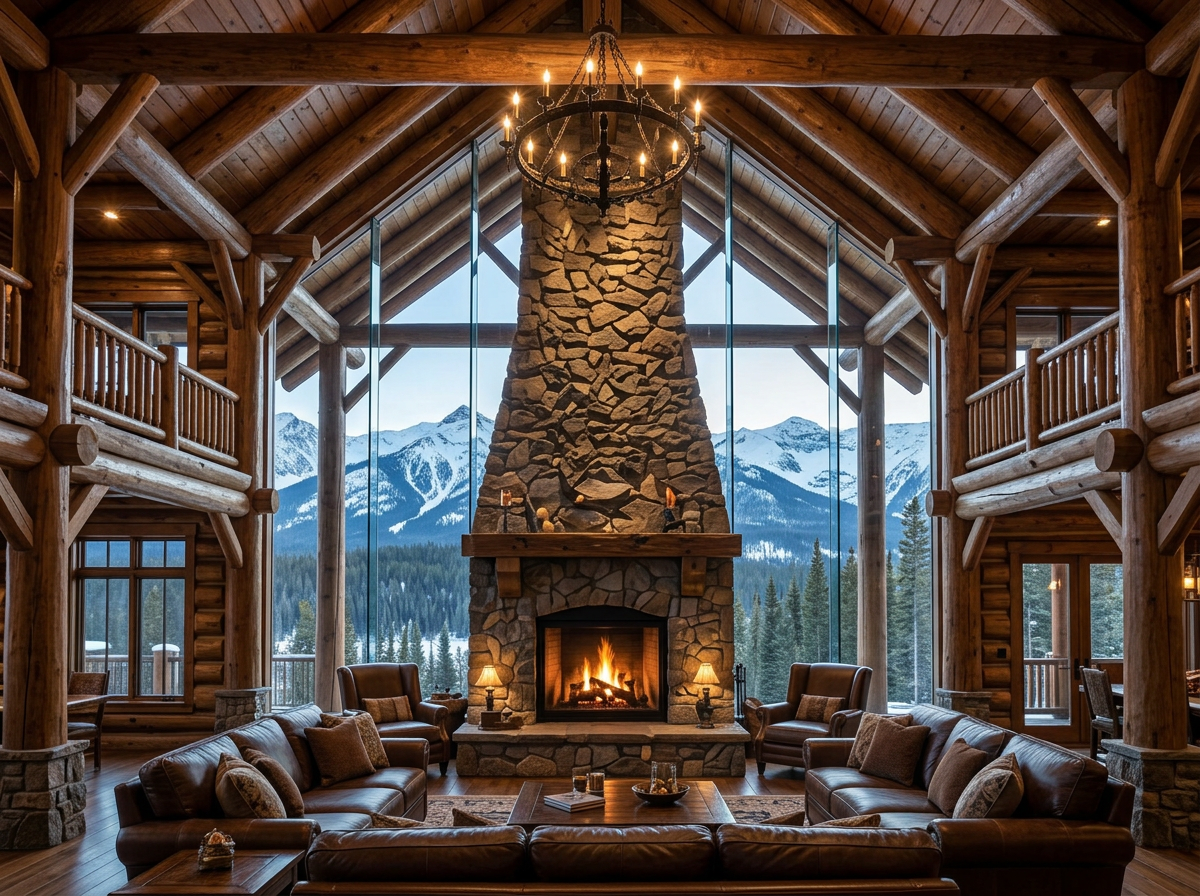 Great room interior with stone fireplace and timber beams